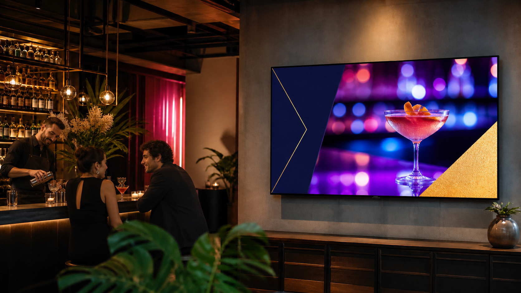 Flatscreen mit Eventwerbung in einer Cocktailbar