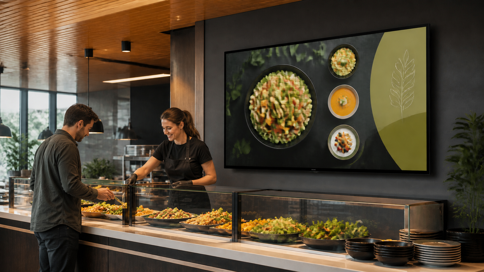 Flatscreen mit digitaler Menüanzeige in einer modernen Cafeteria