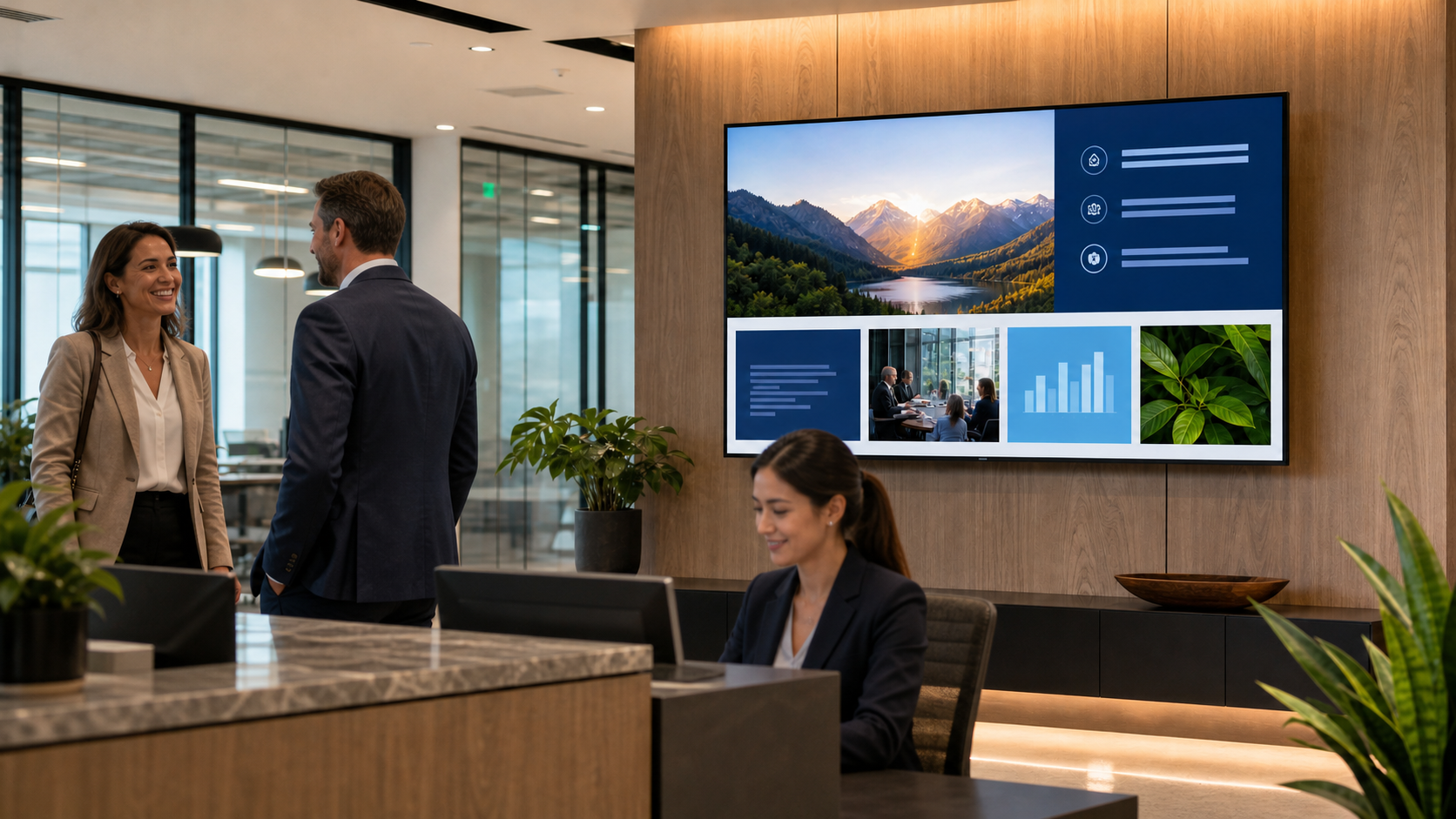 Flatscreen mit internen Informationen im Empfangsbereich eines Unternehmens