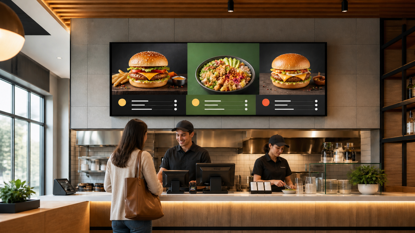 Flatscreen-Menüboard über dem Verkaufstresen eines modernen Fast-Food-Restaurants