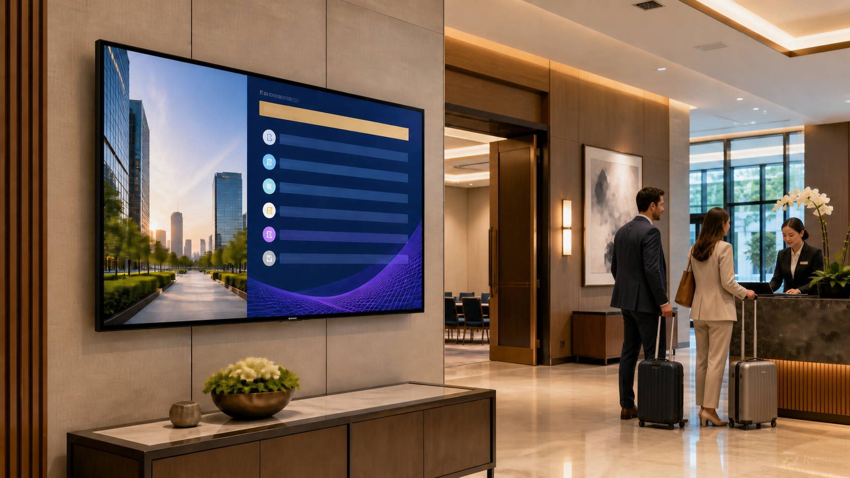 Flatscreen mit Veranstaltungsinformationen in einem Hotel- und Konferenzfoyer