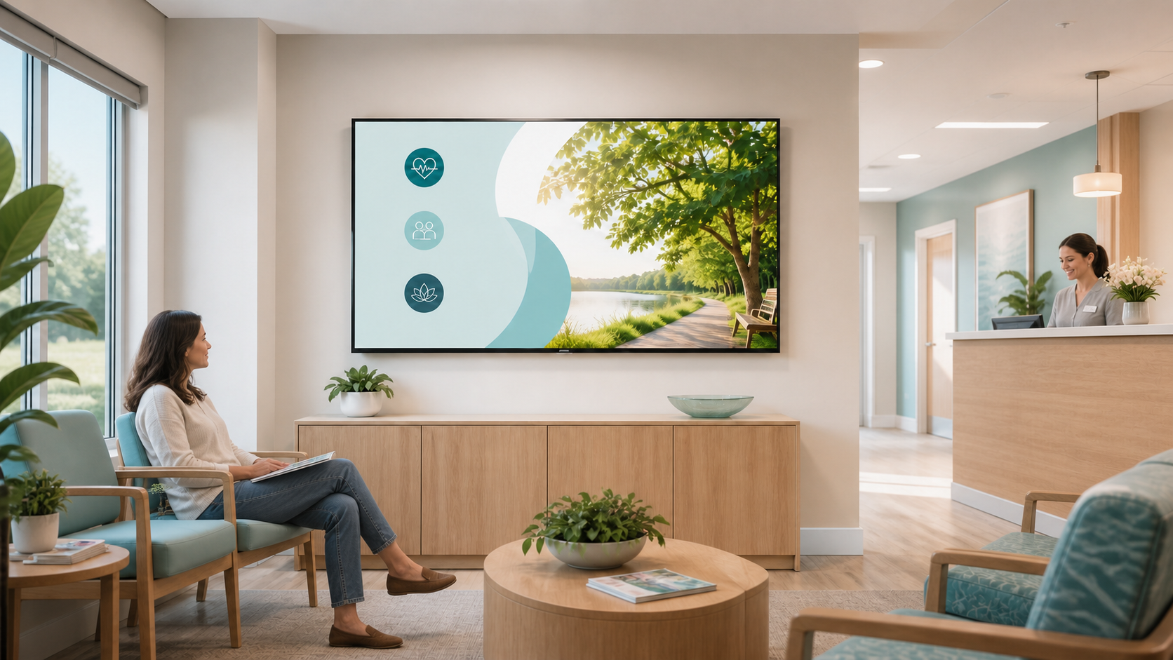 Flatscreen mit Patienteninformationen im Wartezimmer einer Arztpraxis