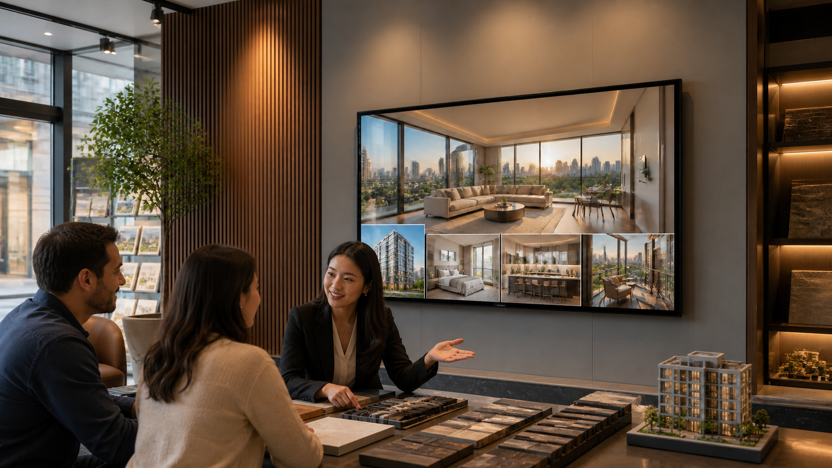 Flatscreen mit Immobilienpräsentation in einem Maklerbüro