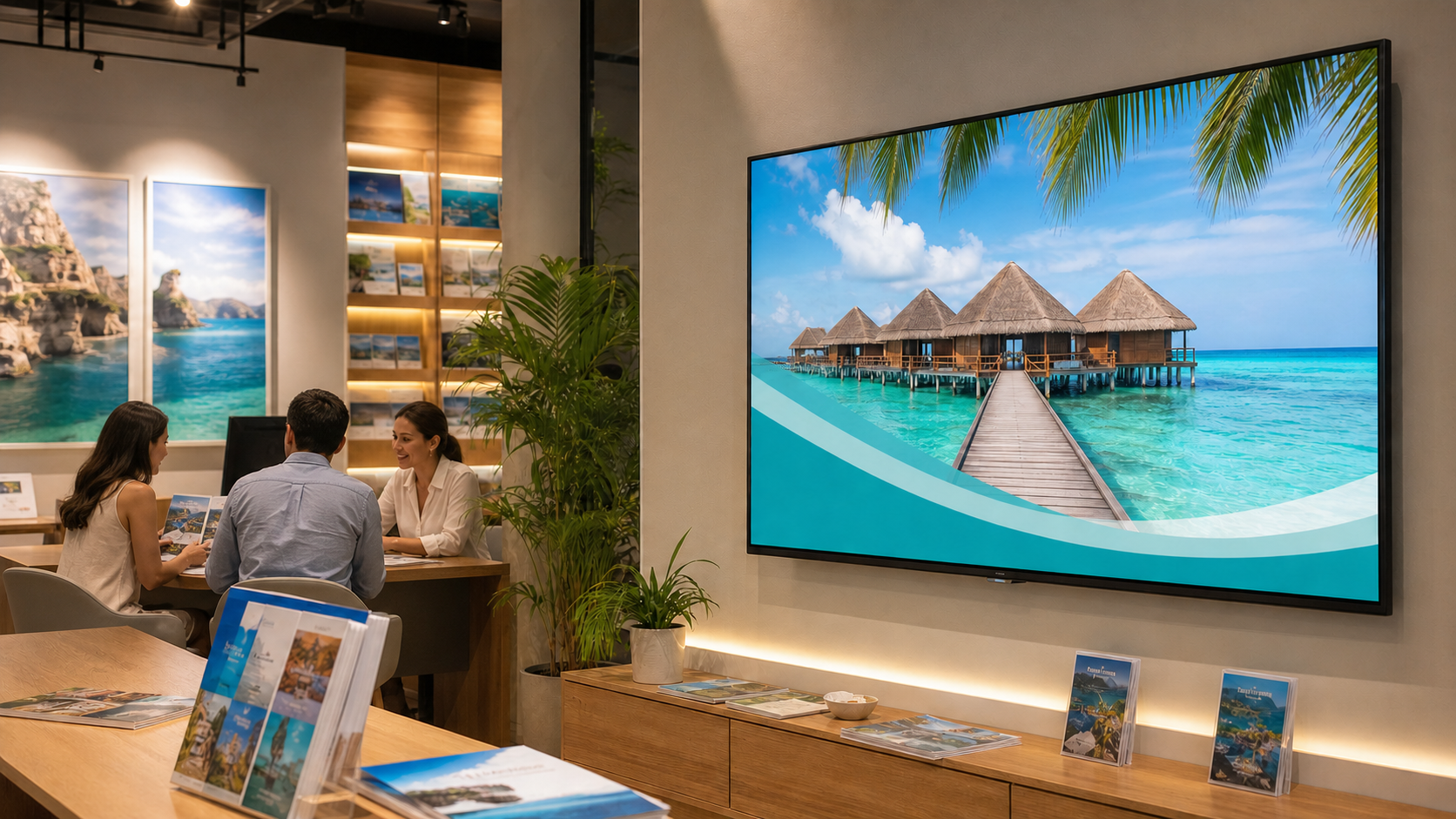Flatscreen mit Reiseangebot in einem modernen Reisebüro